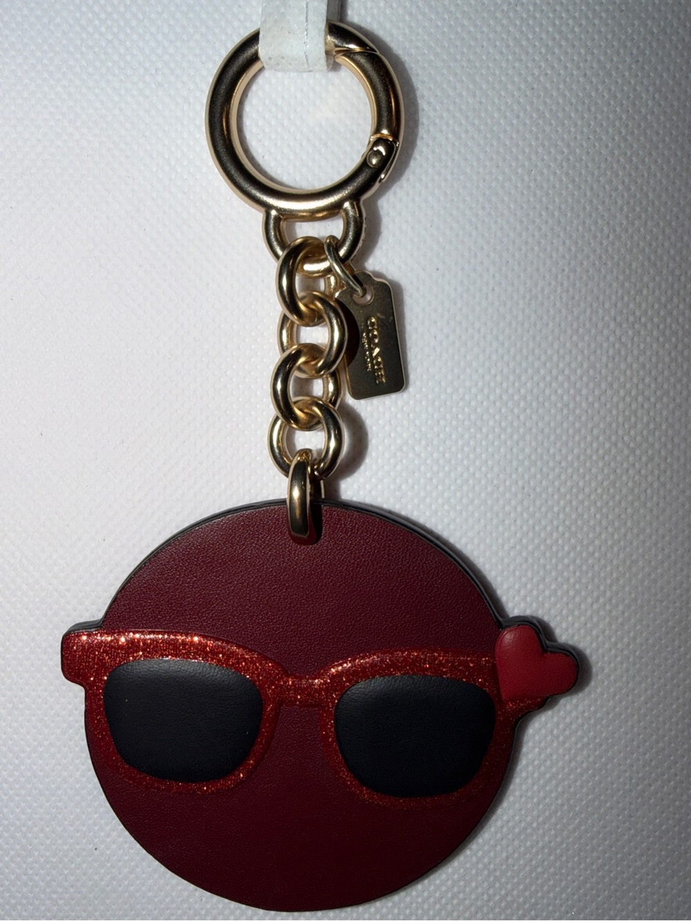 Coach Red Sunglasses Emoji Leather Keychain with Gold Hardware